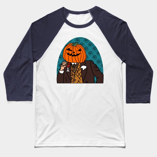 Pumpkin Head Drinking Wine Halloween Horror Portrait Baseball T-Shirt by ellenhenryart